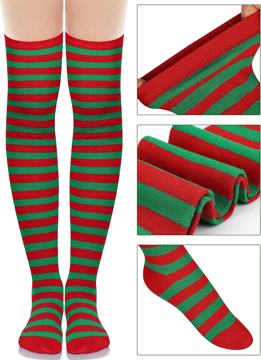 SOMSOC 5 Pack Women Christmas Elf Costume Set Velvet Dress Belt Striped Over Knee High Socks Elf Hat Shoes for Cosplay