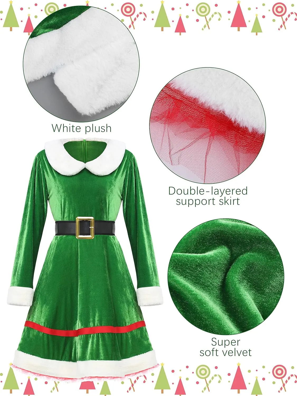 SOMSOC 5 Pack Women Christmas Elf Costume Set Velvet Dress Belt Striped Over Knee High Socks Elf Hat Shoes for Cosplay