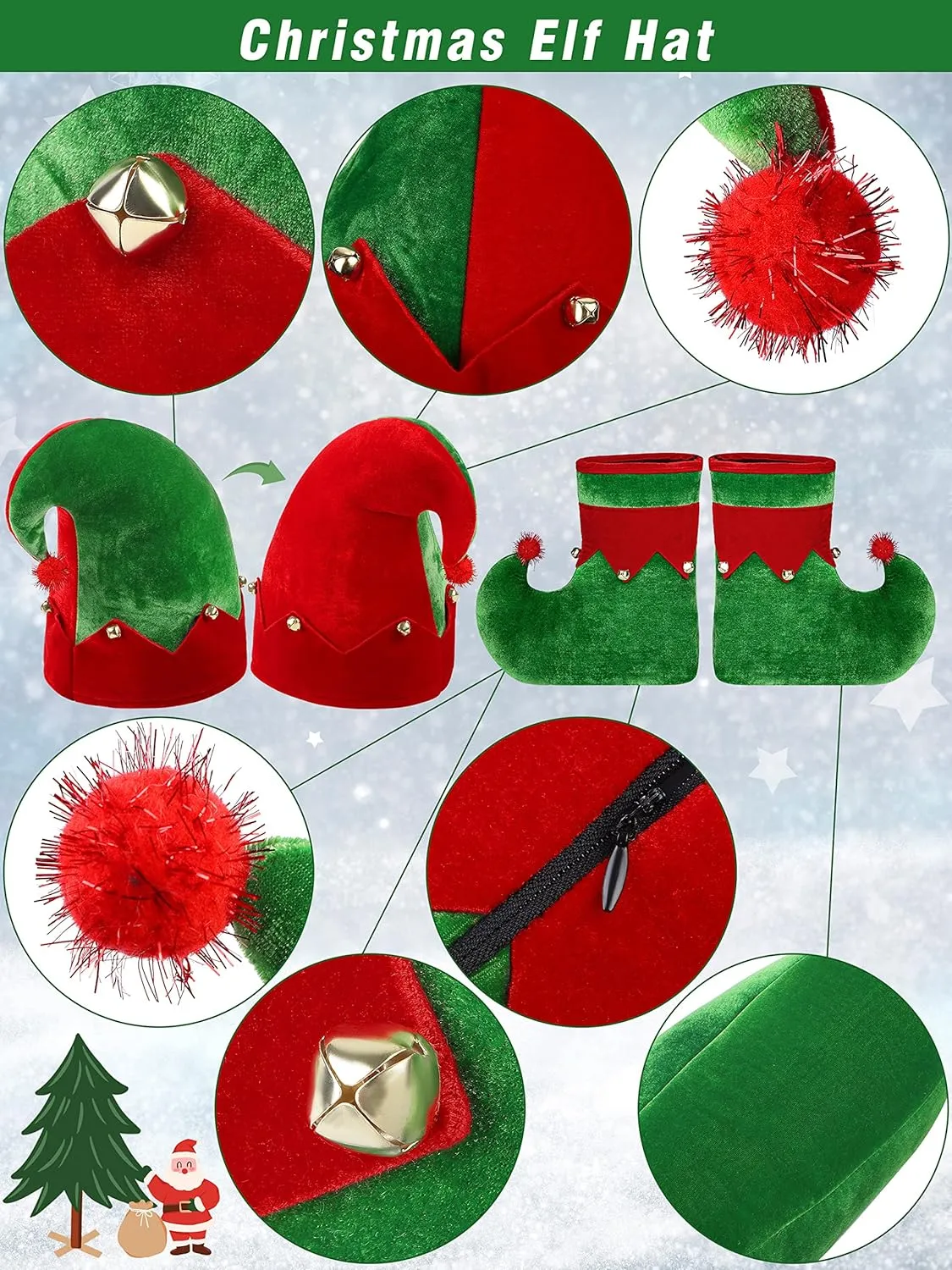 SOMSOC 5 Pack Women Christmas Elf Costume Set Velvet Dress Belt Striped Over Knee High Socks Elf Hat Shoes for Cosplay