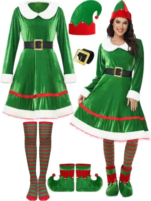 SOMSOC 5 Pack Women Christmas Elf Costume Set Velvet Dress Belt Striped Over Knee High Socks Elf Hat Shoes for Cosplay
