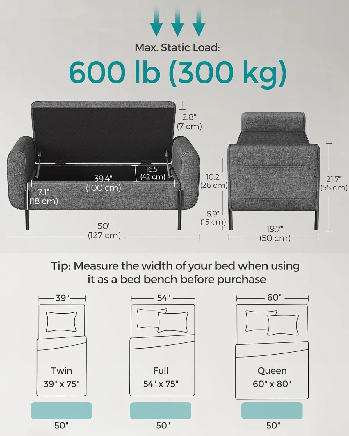 SONGMICS Storage Bench with Armrests, Ottoman for Living Room, Bedroom, Entryway, Steel Legs, Dark Gray ULOM072G01