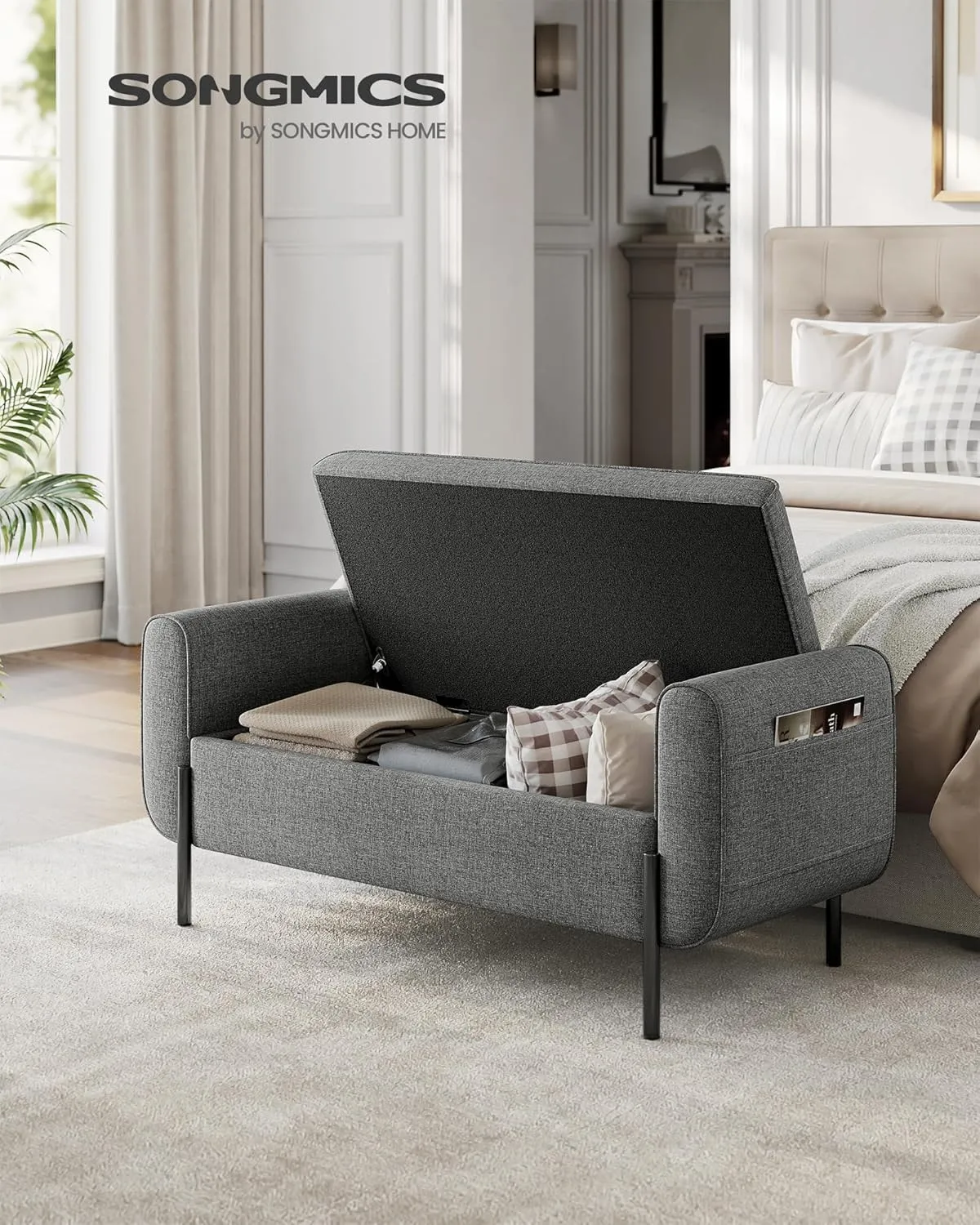 SONGMICS Storage Bench with Armrests, Ottoman for Living Room, Bedroom, Entryway, Steel Legs, Dark Gray ULOM072G01