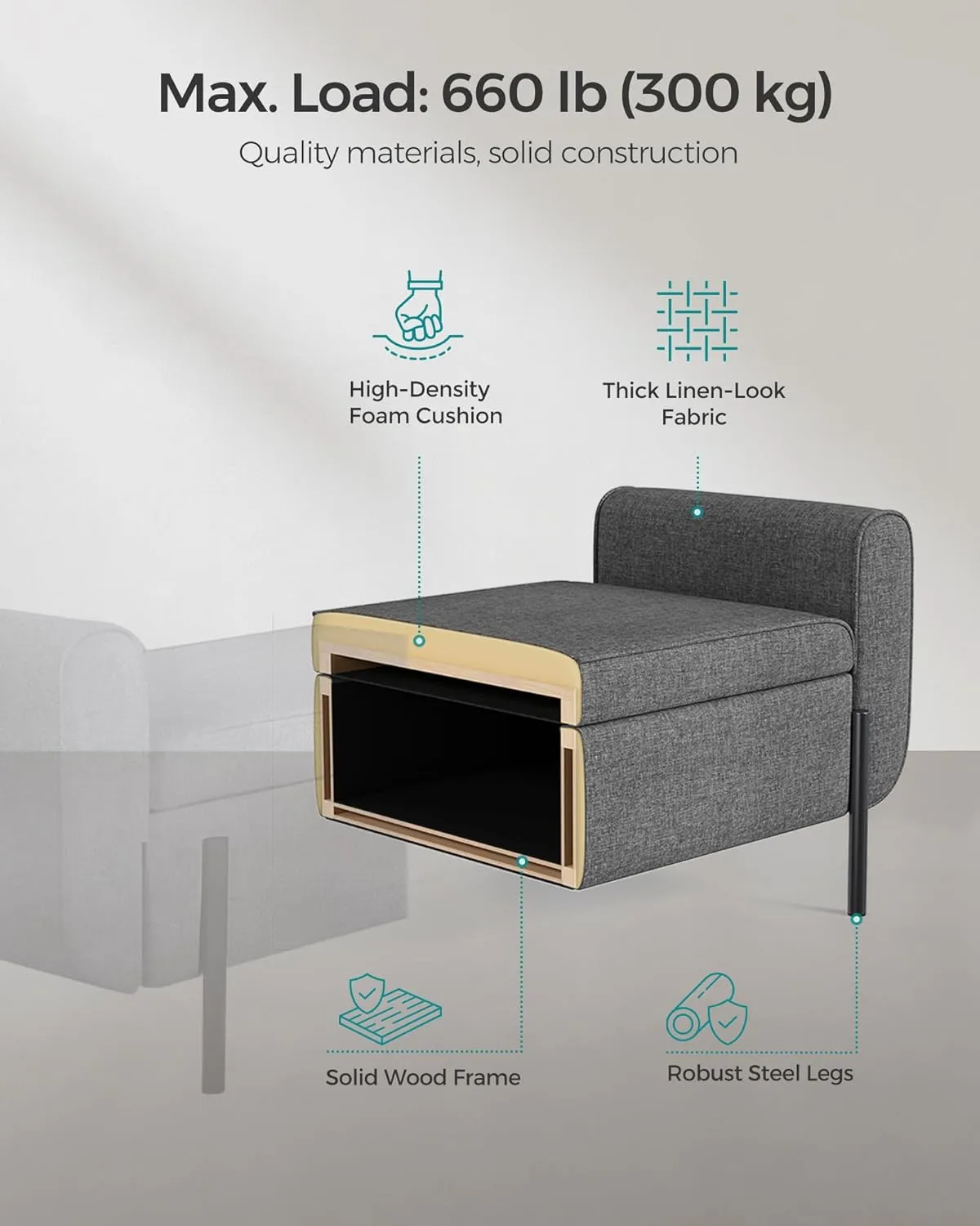 SONGMICS Storage Bench with Armrests, Ottoman for Living Room, Bedroom, Entryway, Steel Legs, Dark Gray ULOM072G01