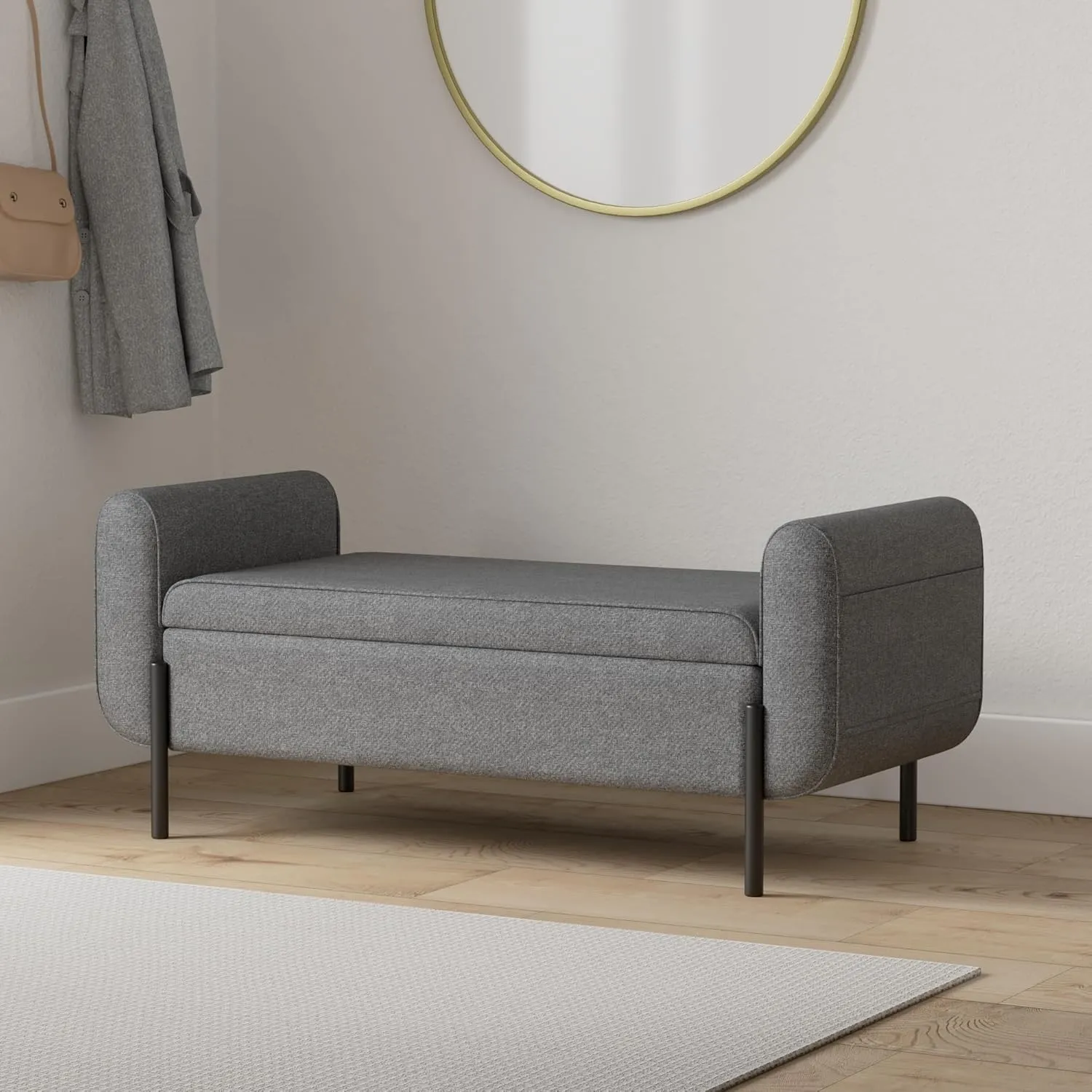 SONGMICS Storage Bench with Armrests, Ottoman for Living Room, Bedroom, Entryway, Steel Legs, Dark Gray ULOM072G01