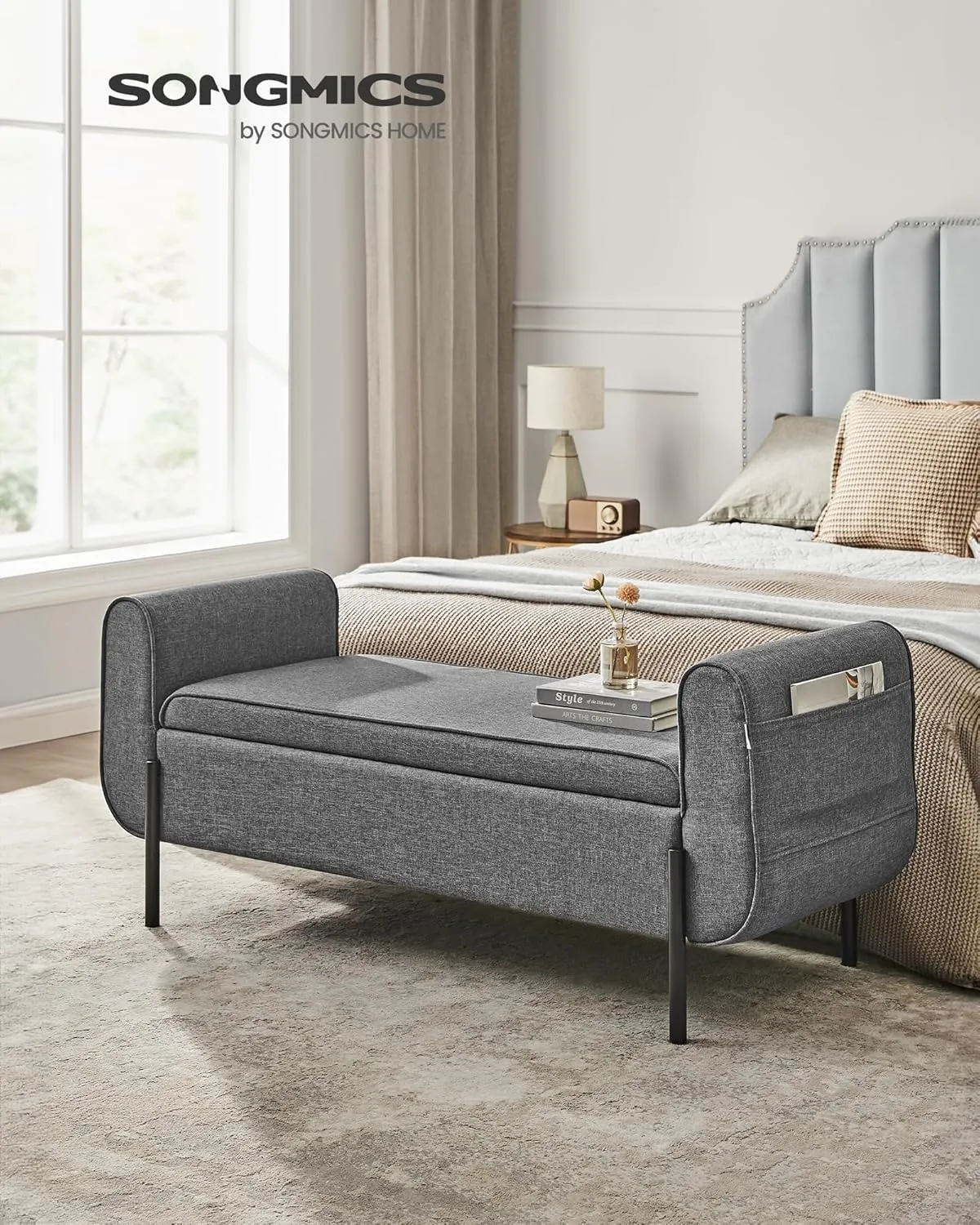 SONGMICS Storage Bench with Armrests, Ottoman for Living Room, Bedroom, Entryway, Steel Legs, Dark Gray ULOM072G01