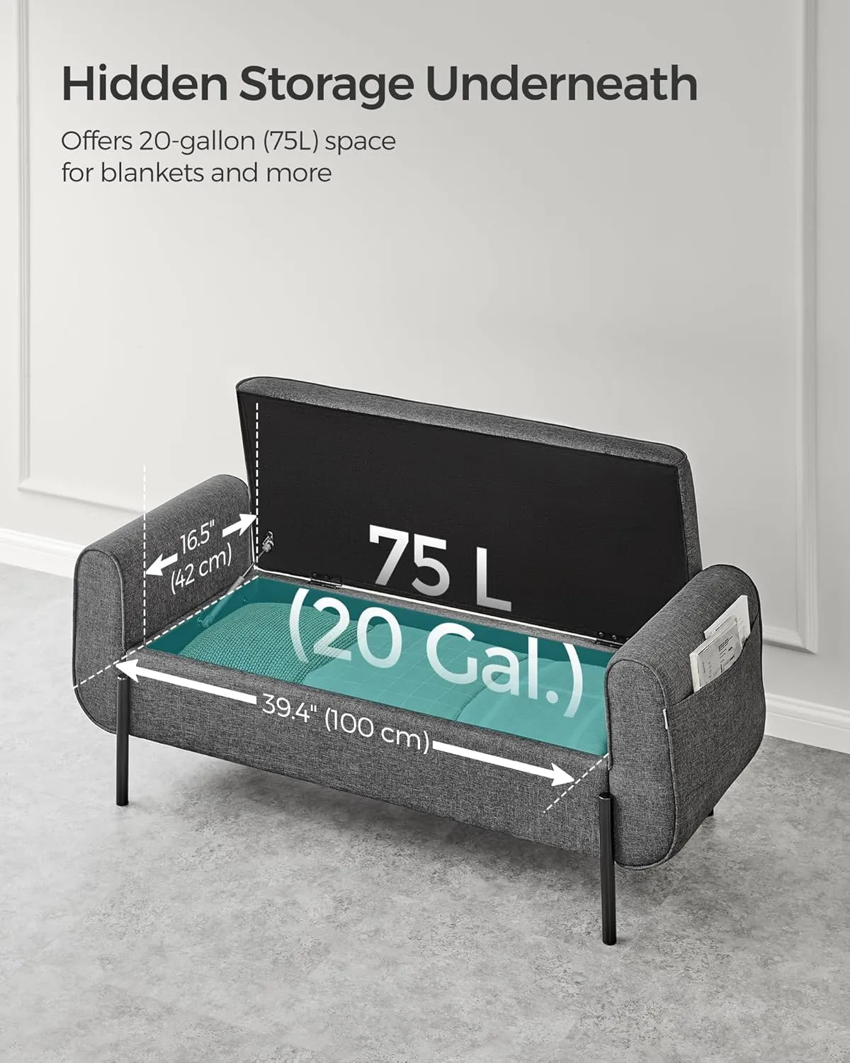 SONGMICS Storage Bench with Armrests, Ottoman for Living Room, Bedroom, Entryway, Steel Legs, Dark Gray ULOM072G01