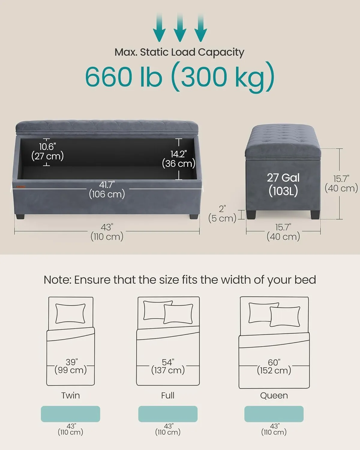SONGMICS Velvet Storage Ottoman Bench, Foot Rest with Legs, 15.7 x 43 x 15.7 Inches, End of Bed Bench, Storage Chest, Load up to 660 lb, for Living Room, Bedroom, Entryway, Slate Gray ULSF089G01