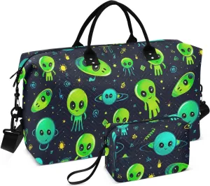 Space Aliens Sports Gym Bag for Women Men Travel Duffel Bag Weekend Overnight Carry on Bag with Toiletry Bag Hospital Bag for Swimming Yoga Workout Plane Hospital