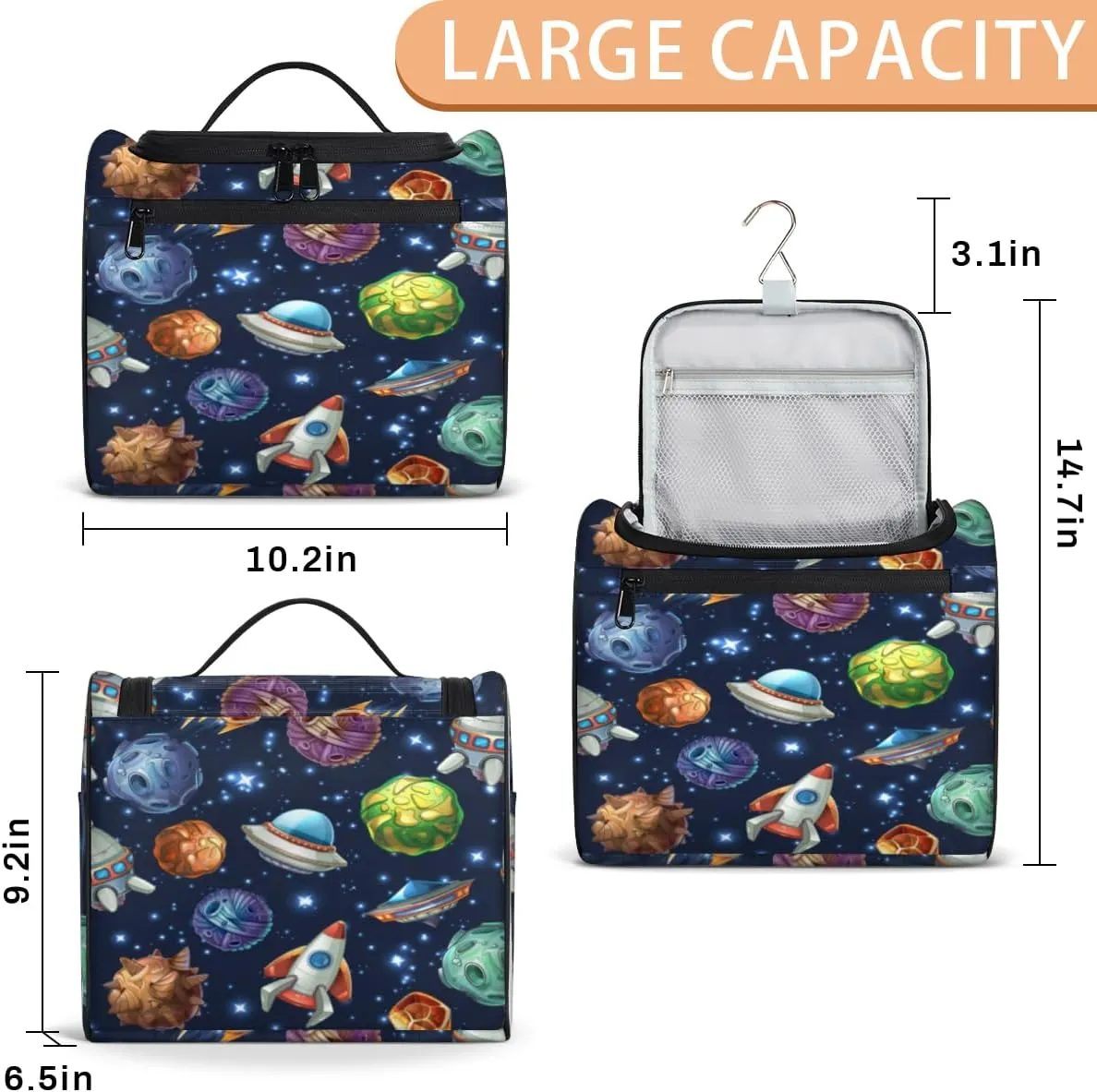 Spacecraft Hanging Toiletry Bag for Men Women Travel Cosmetic Makeup Organizer Bag Water Resistant Large Portable Wash Case for Accessories, Toiletries, Cosmetics