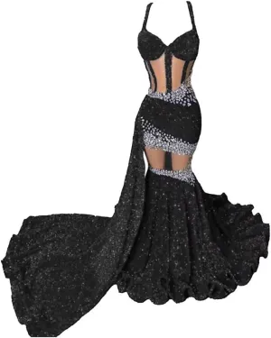 Spaghetti Straps Long Gown Dress Sparkly Rhinestone Sequin Tulle Dresses Off Shoulder Gown Shower Gala Pageant Celebrity