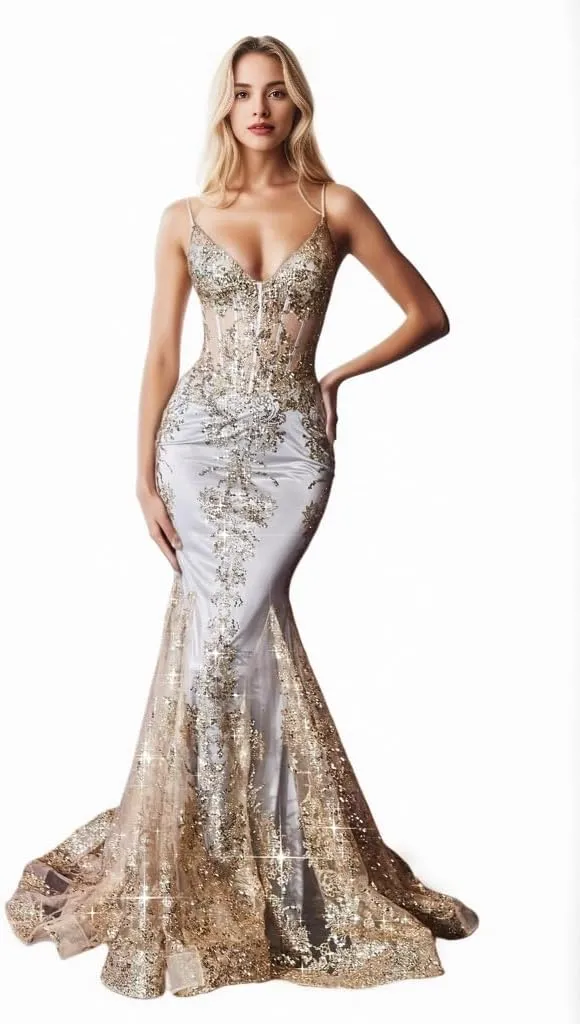 Sparkle Mermaid V Neck Sleeveless Lace Court Train Evening Sequin Prom Dress