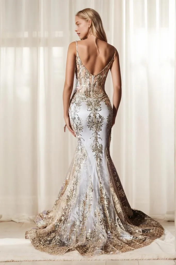 Sparkle Mermaid V Neck Sleeveless Lace Court Train Evening Sequin Prom Dress