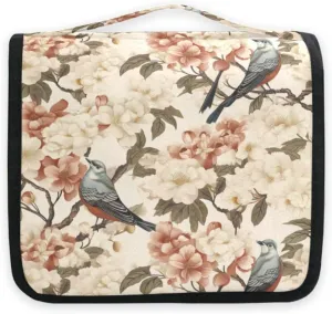 Sparrow White Pink Flowers Travel Toiletry Bag with Hanging Hook Foldable Makeup Bag Waterproof Cosmetic Bag for Cruise Shower Bathroom