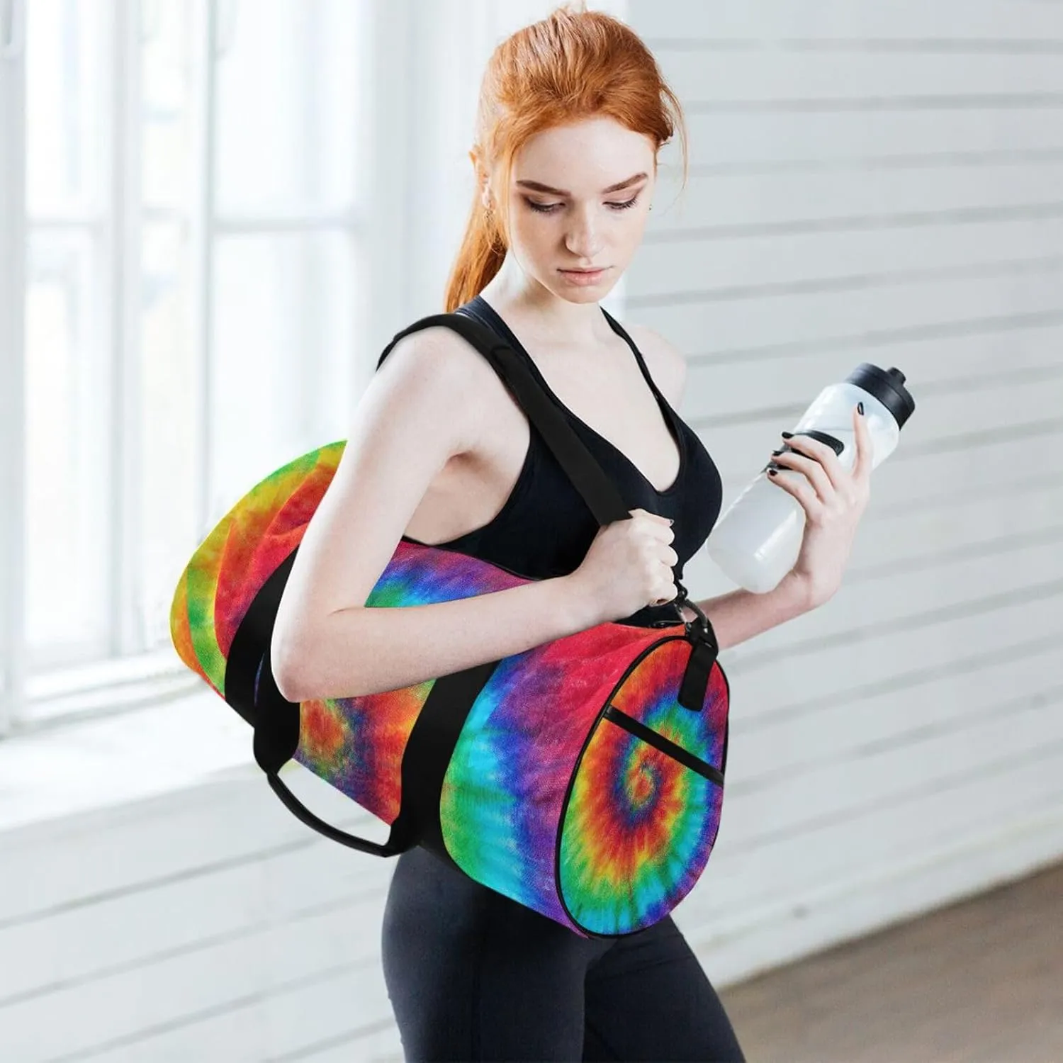 Spiral Tie Dye Colorful Rainbow Hippie Pattern on Fabric Portable Gym Bag, Travel Bag, Luggage bag, Sports Bag, Toiletry Bag with Handles, Detachable Shoulder Strap 17.6 x 9 x 9 inch
