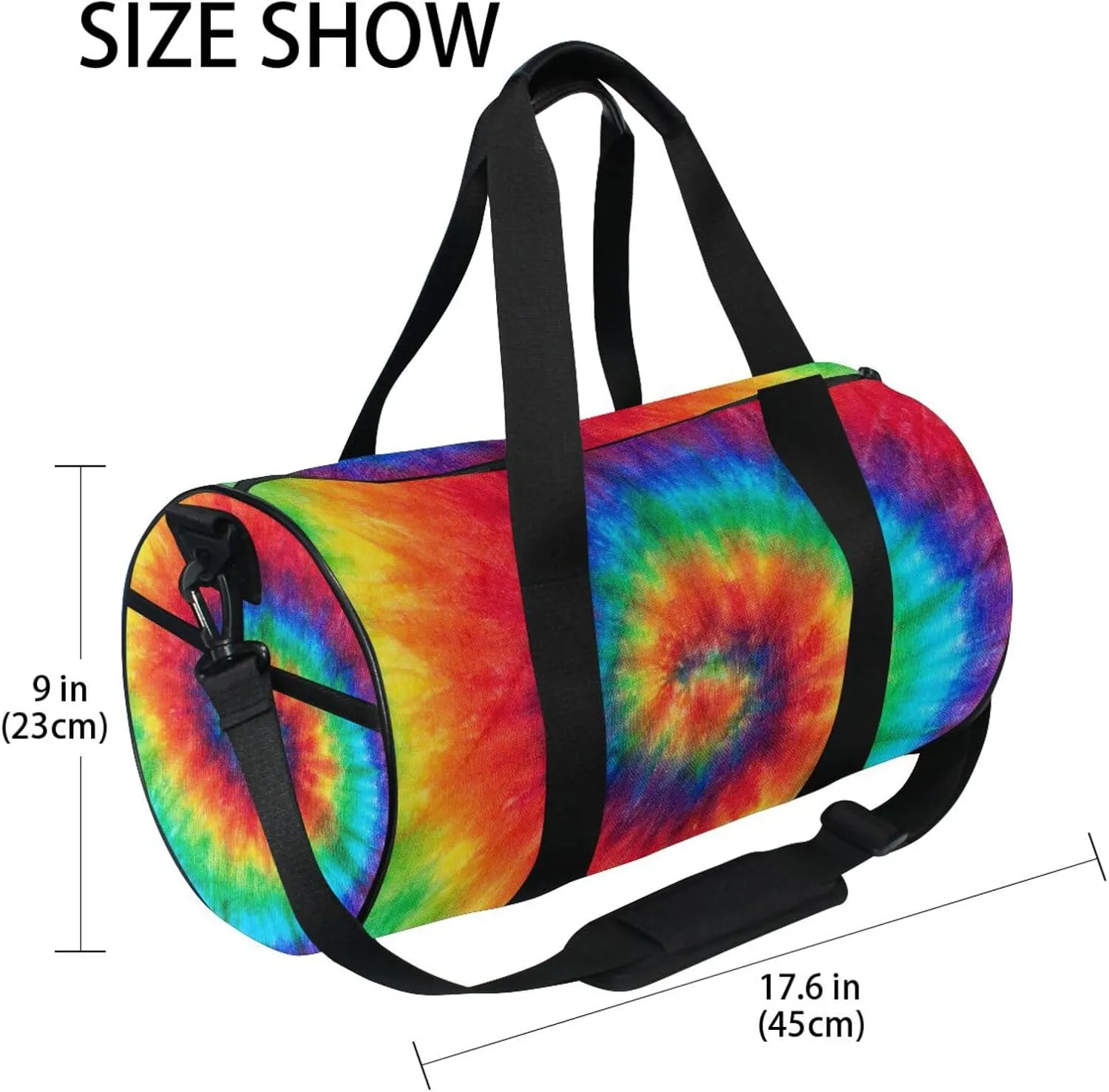 Spiral Tie Dye Colorful Rainbow Hippie Pattern on Fabric Portable Gym Bag, Travel Bag, Luggage bag, Sports Bag, Toiletry Bag with Handles, Detachable Shoulder Strap 17.6 x 9 x 9 inch