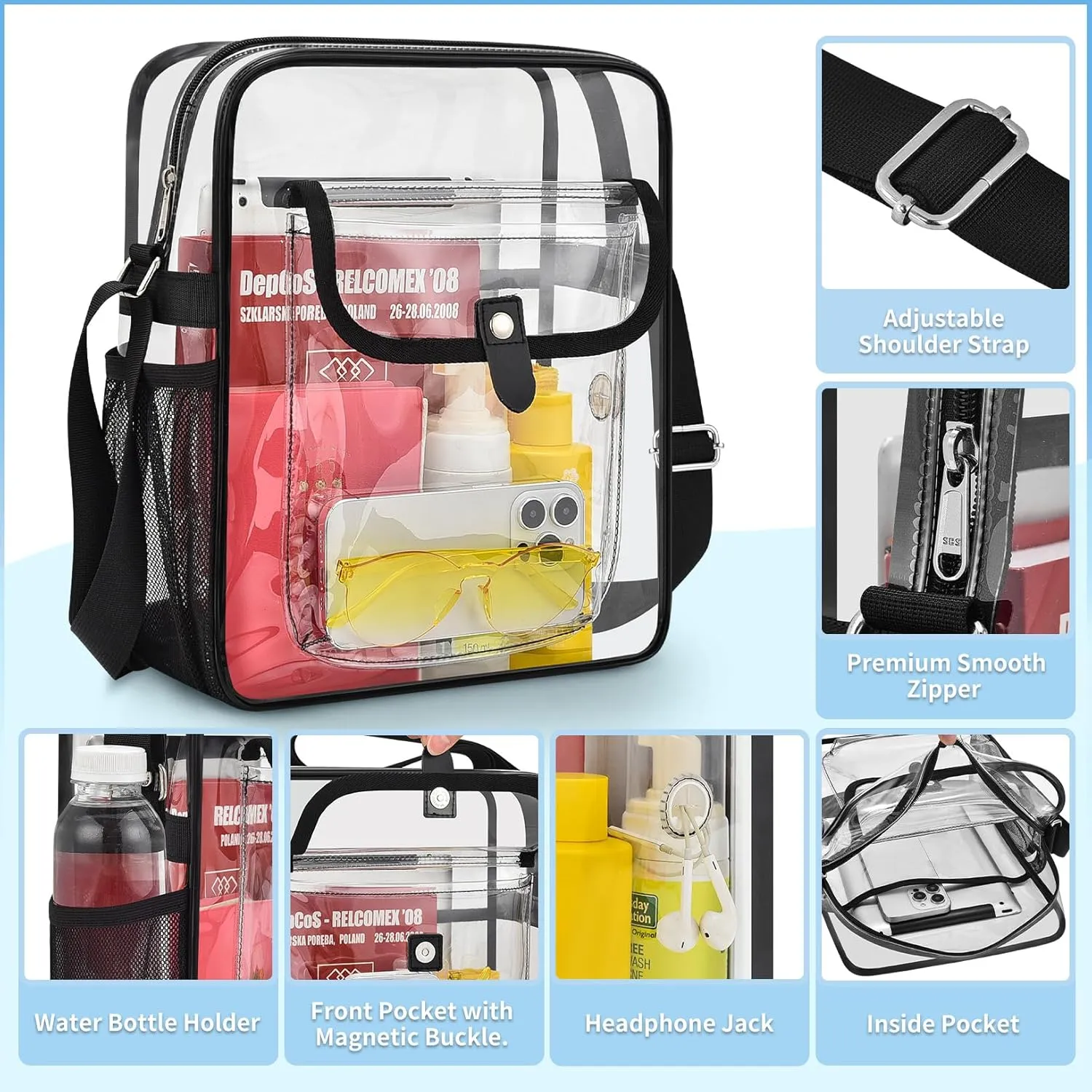 SPODEARS Clear Crossbody Bag for Stadium Events & Concerts - Adjustable Shoulder Strap Purse with 1 Bottle Holder