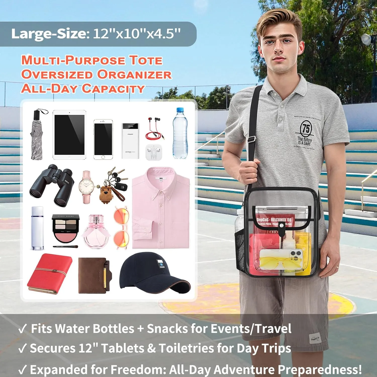 SPODEARS Clear Crossbody Bag for Stadium Events & Concerts - Adjustable Shoulder Strap Purse with 1 Bottle Holder