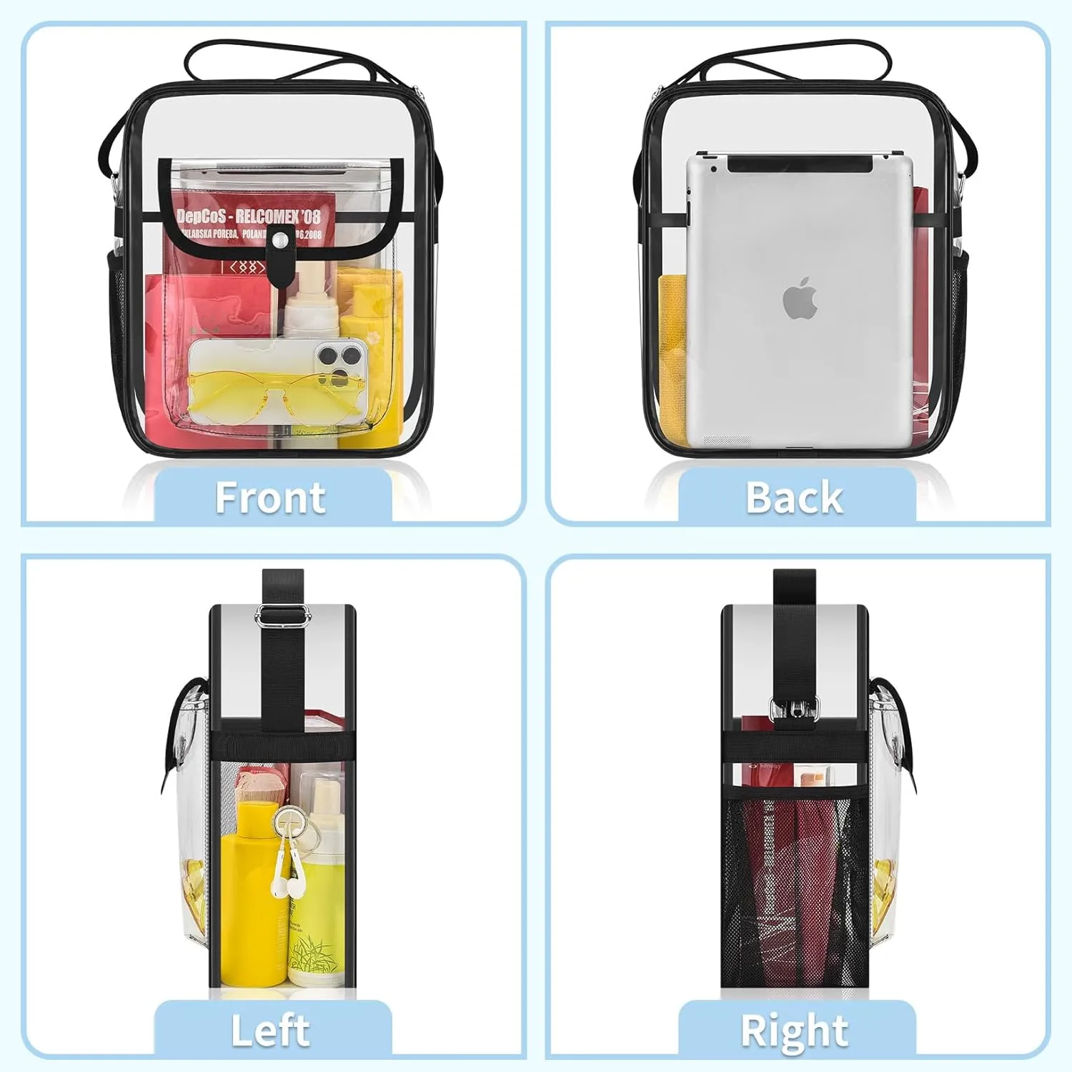 SPODEARS Clear Crossbody Bag for Stadium Events & Concerts - Adjustable Shoulder Strap Purse with 1 Bottle Holder