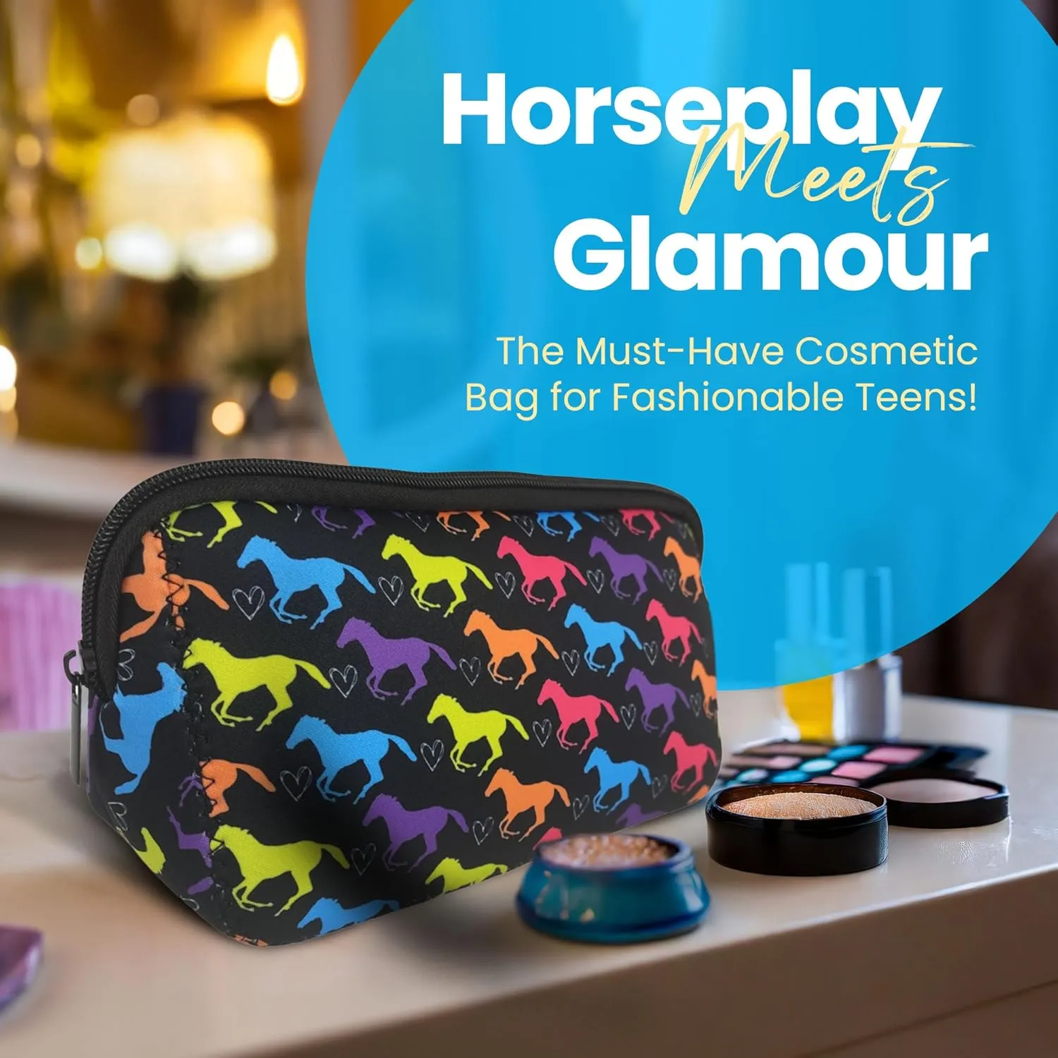 Sportybella Makeup Bag for Horse Lovers - Waterproof Toiletry Organizer, Equestrian Gift for Women, Travel Cosmetic Bag, Horse Accessories