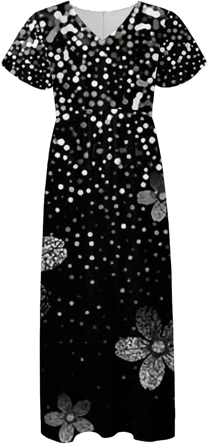 Spring Dresses for Women 2025 Floral V Neck Wrap Short Sleeve Dress Flowy Ruffle Elegant Casual Wedding Guest Dresses