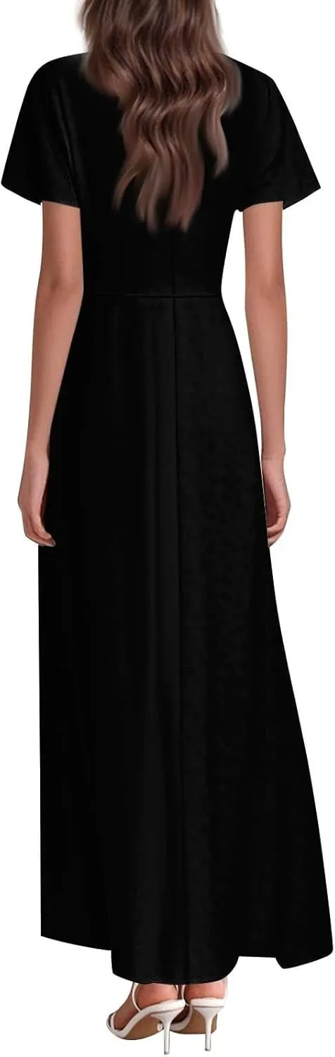 Spring Dresses for Women 2025 Floral V Neck Wrap Short Sleeve Dress Flowy Ruffle Elegant Casual Wedding Guest Dresses