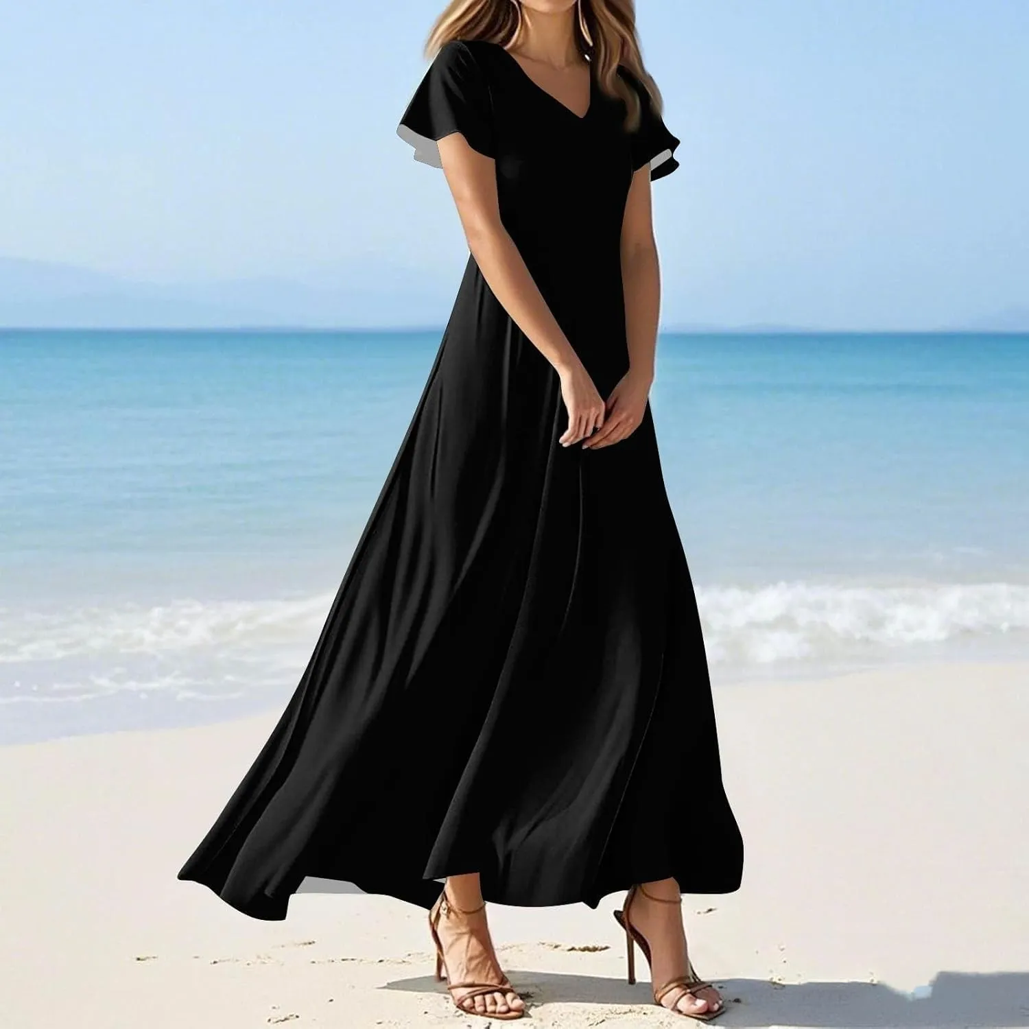 Spring Dresses for Women 2025 Floral V Neck Wrap Short Sleeve Dress Flowy Ruffle Elegant Casual Wedding Guest Dresses