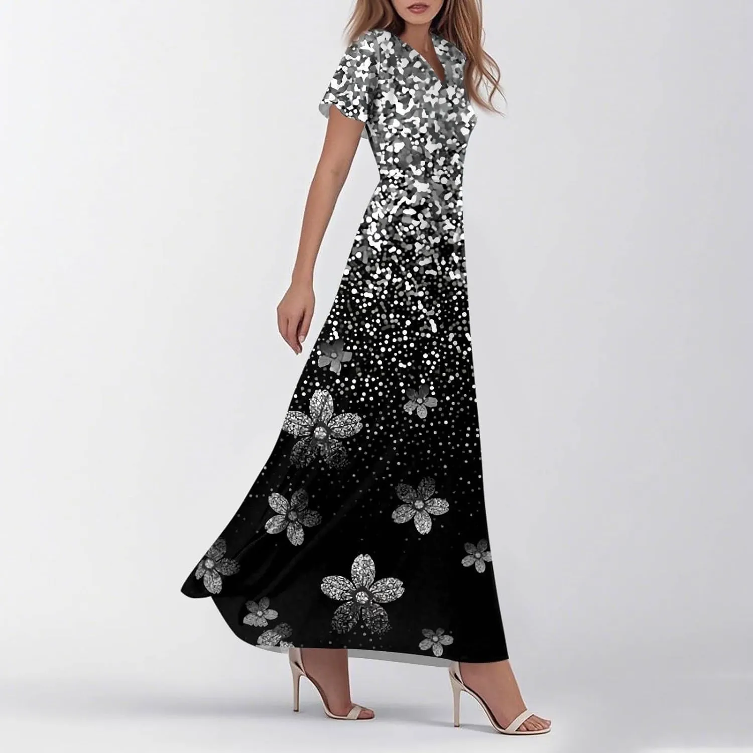 Spring Dresses for Women 2025 Floral V Neck Wrap Short Sleeve Dress Flowy Ruffle Elegant Casual Wedding Guest Dresses