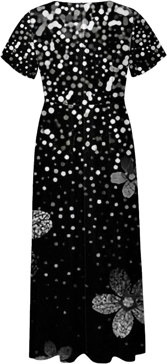 Spring Dresses for Women 2025 Floral V Neck Wrap Short Sleeve Dress Flowy Ruffle Elegant Casual Wedding Guest Dresses