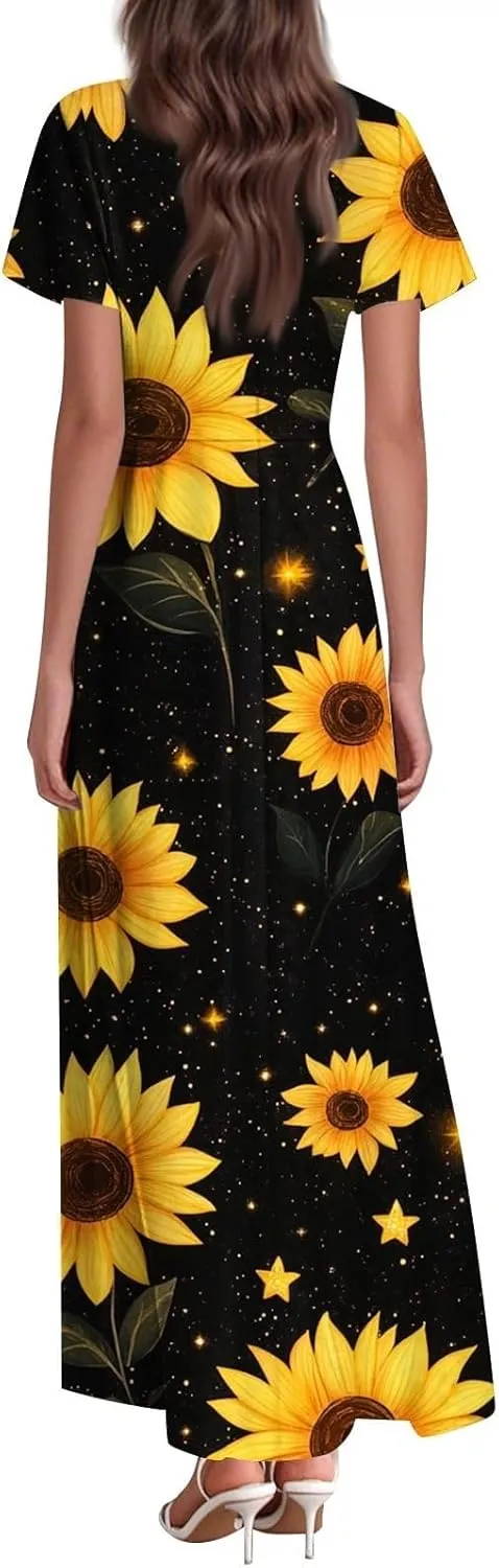 Spring Dresses for Women 2025 Floral V Neck Wrap Short Sleeve Dress Flowy Ruffle Elegant Casual Wedding Guest Dresses