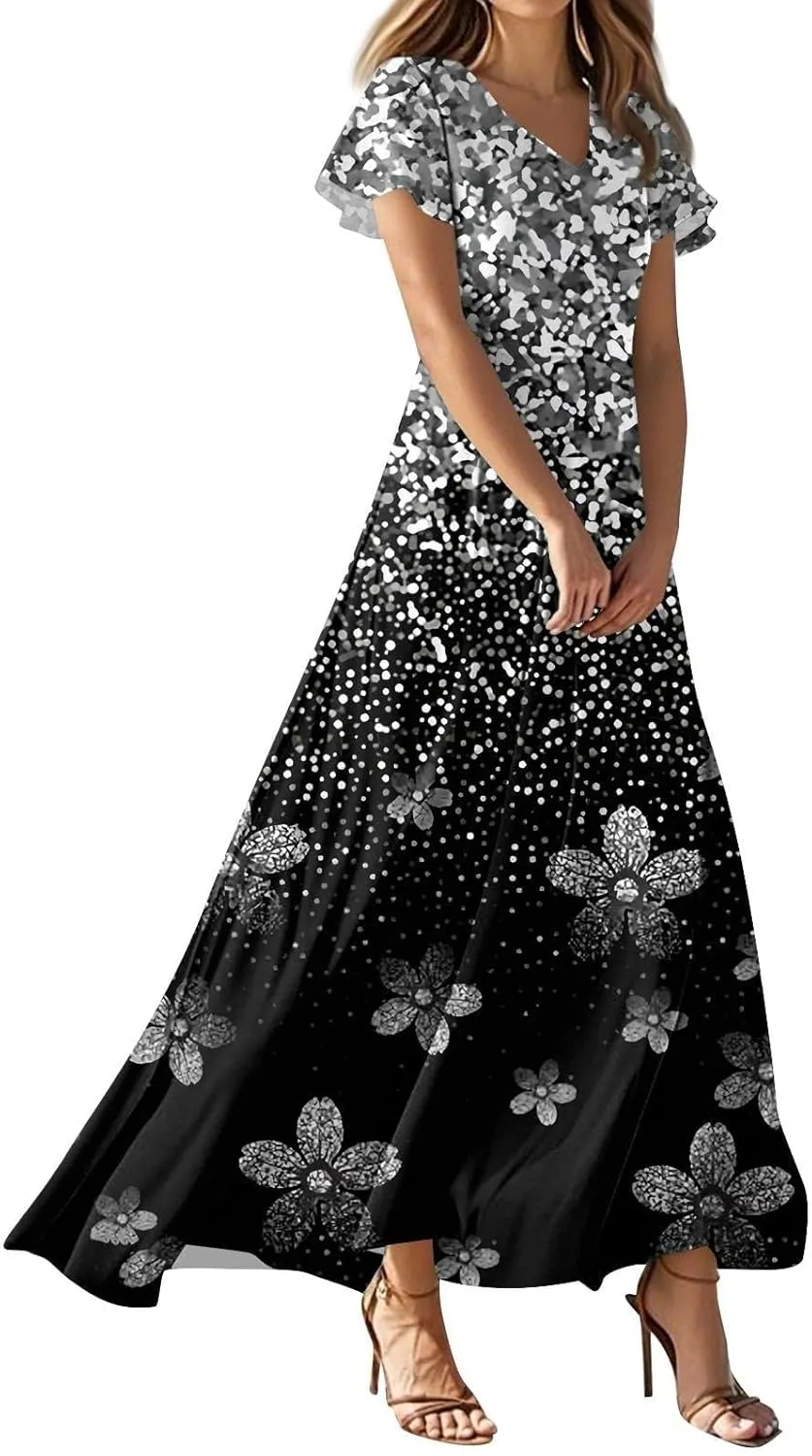 Spring Dresses for Women 2025 Floral V Neck Wrap Short Sleeve Dress Flowy Ruffle Elegant Casual Wedding Guest Dresses