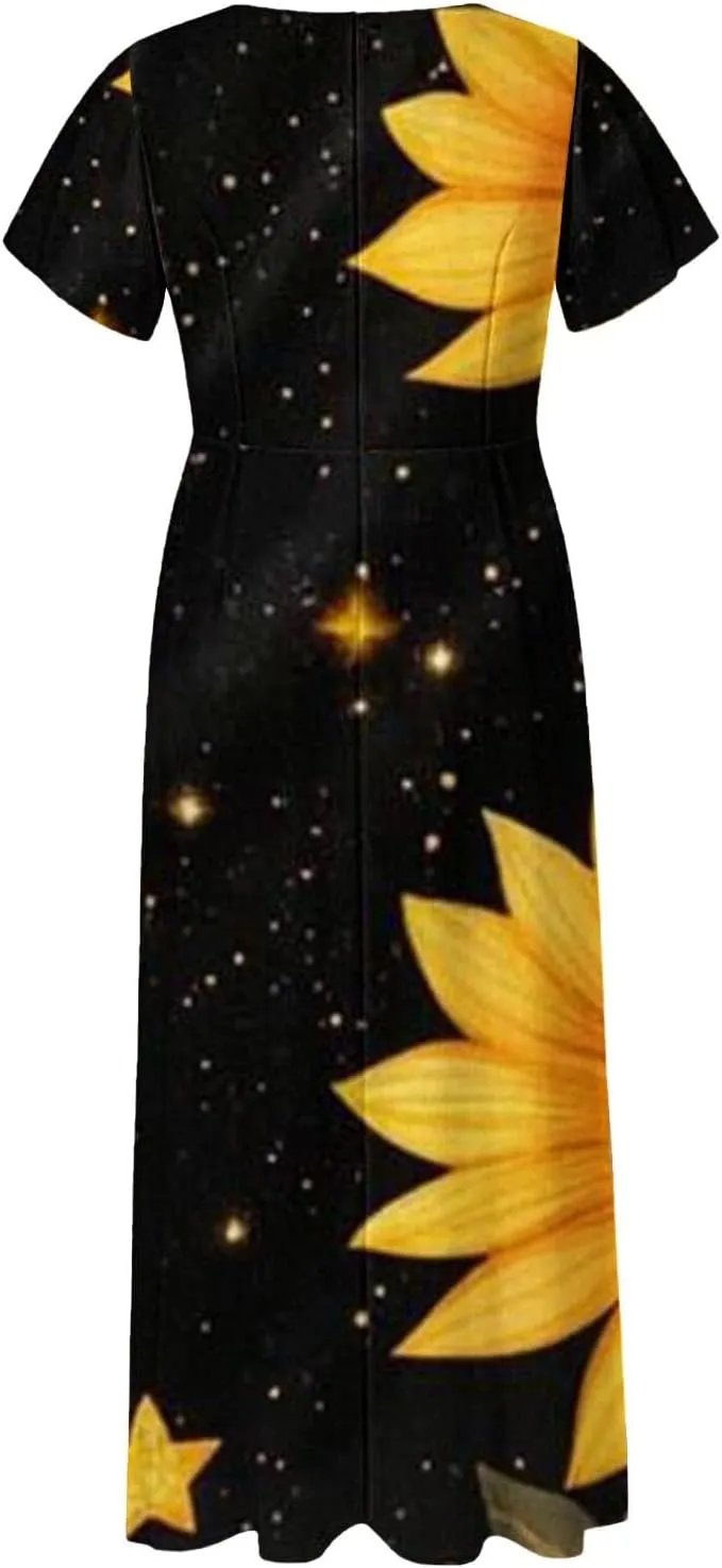 Spring Dresses for Women 2025 Floral V Neck Wrap Short Sleeve Dress Flowy Ruffle Elegant Casual Wedding Guest Dresses