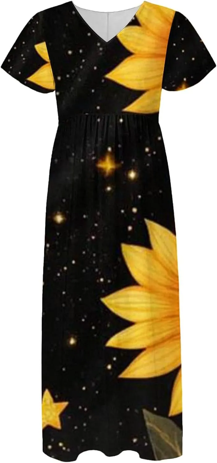 Spring Dresses for Women 2025 Floral V Neck Wrap Short Sleeve Dress Flowy Ruffle Elegant Casual Wedding Guest Dresses