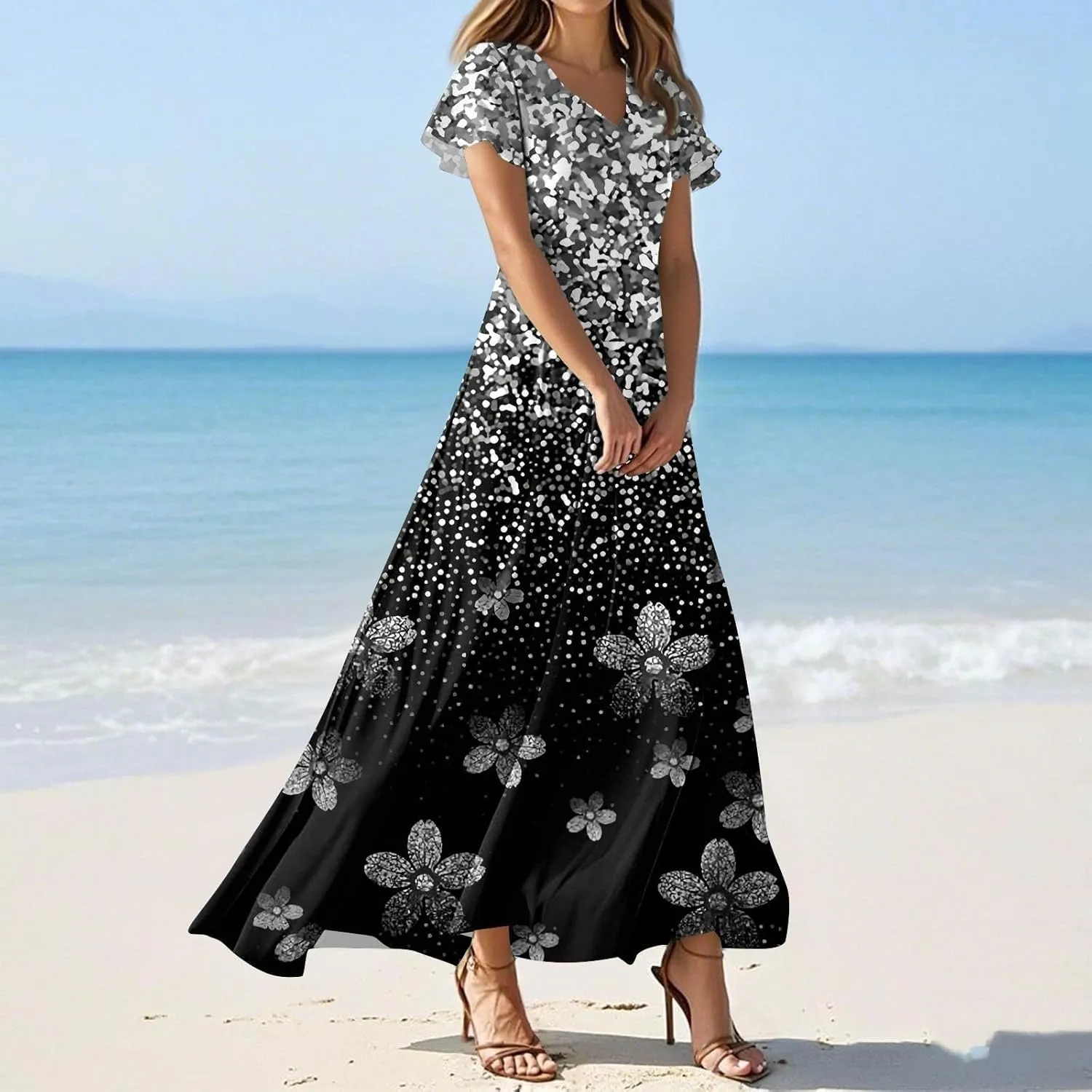 Spring Dresses for Women 2025 Floral V Neck Wrap Short Sleeve Dress Flowy Ruffle Elegant Casual Wedding Guest Dresses