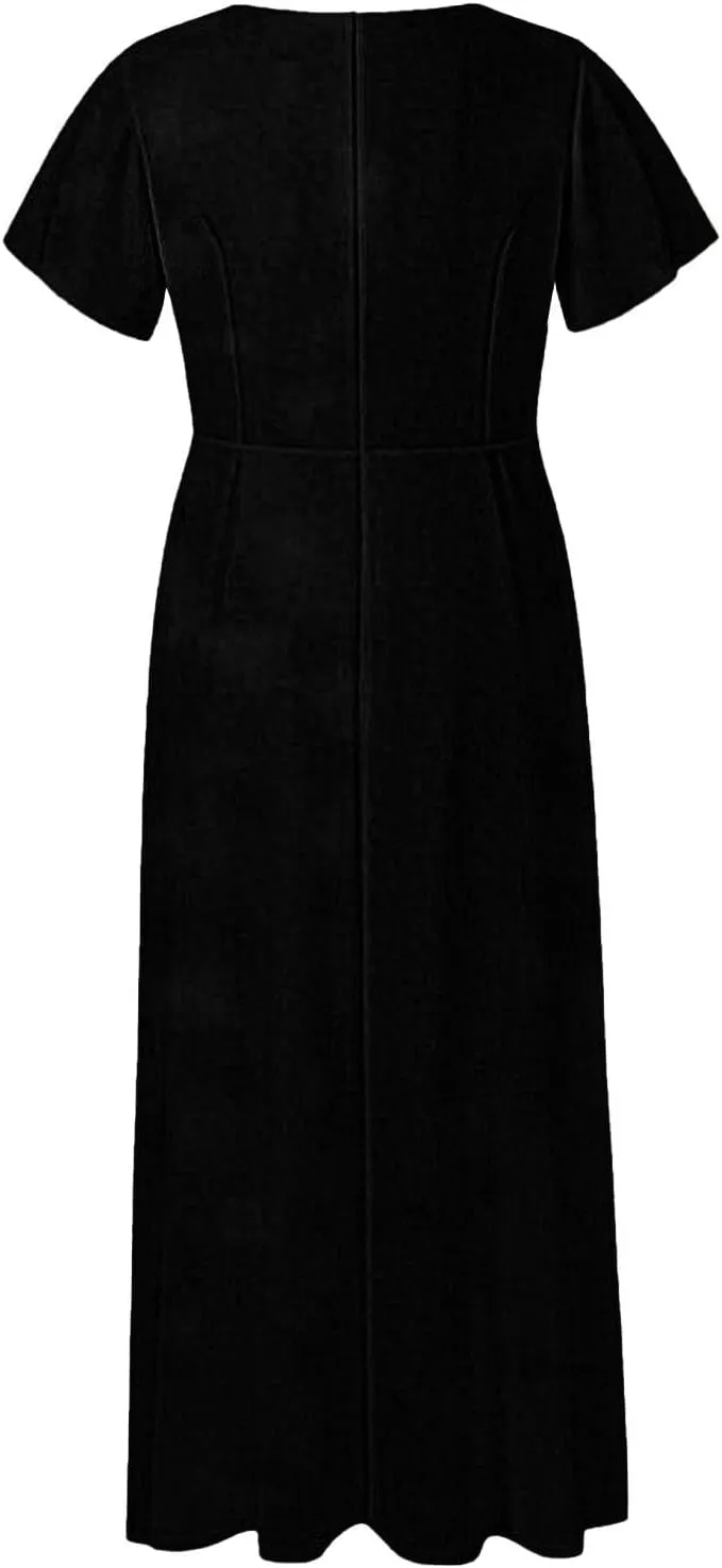 Spring Dresses for Women 2025 Floral V Neck Wrap Short Sleeve Dress Flowy Ruffle Elegant Casual Wedding Guest Dresses