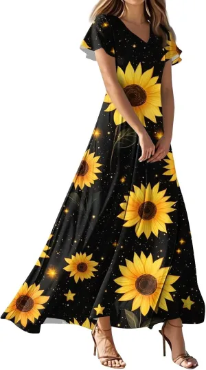 Spring Dresses for Women 2025 Floral V Neck Wrap Short Sleeve Dress Flowy Ruffle Elegant Casual Wedding Guest Dresses