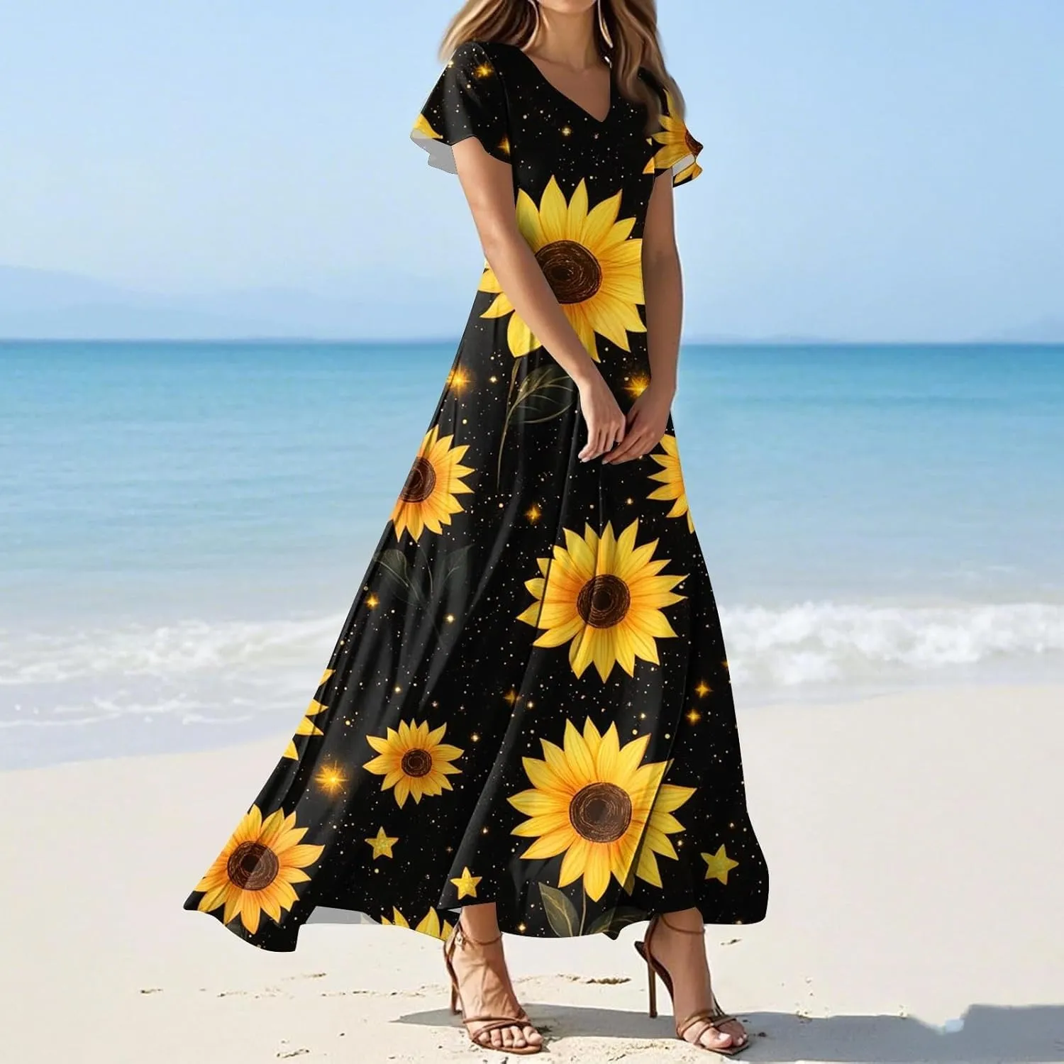 Spring Dresses for Women 2025 Floral V Neck Wrap Short Sleeve Dress Flowy Ruffle Elegant Casual Wedding Guest Dresses