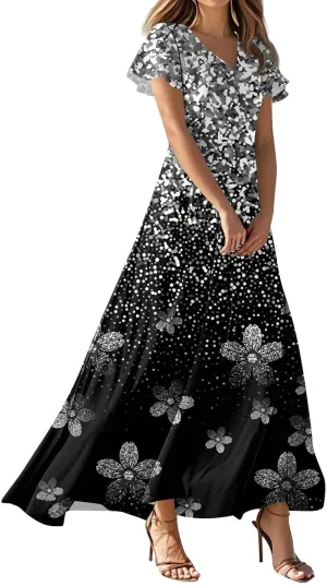 Spring Dresses for Women 2025 Floral V Neck Wrap Short Sleeve Dress Flowy Ruffle Elegant Casual Wedding Guest Dresses