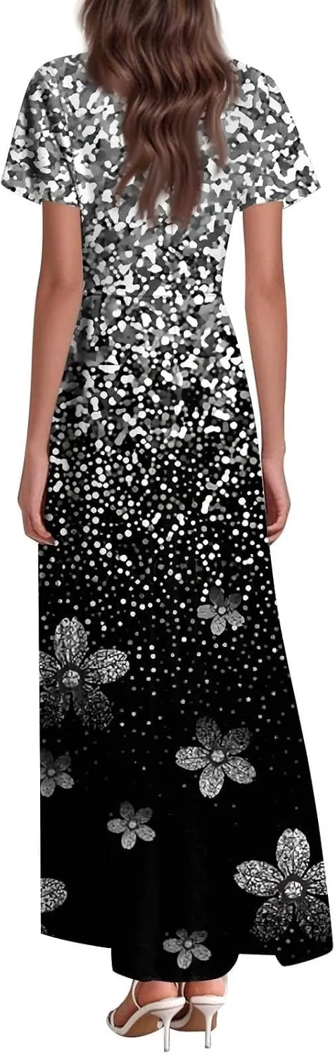 Spring Dresses for Women 2025 Floral V Neck Wrap Short Sleeve Dress Flowy Ruffle Elegant Casual Wedding Guest Dresses