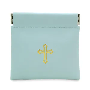 Squeeze Top Rosary Pouch Mint Green Faux Leather with Cross Imprint