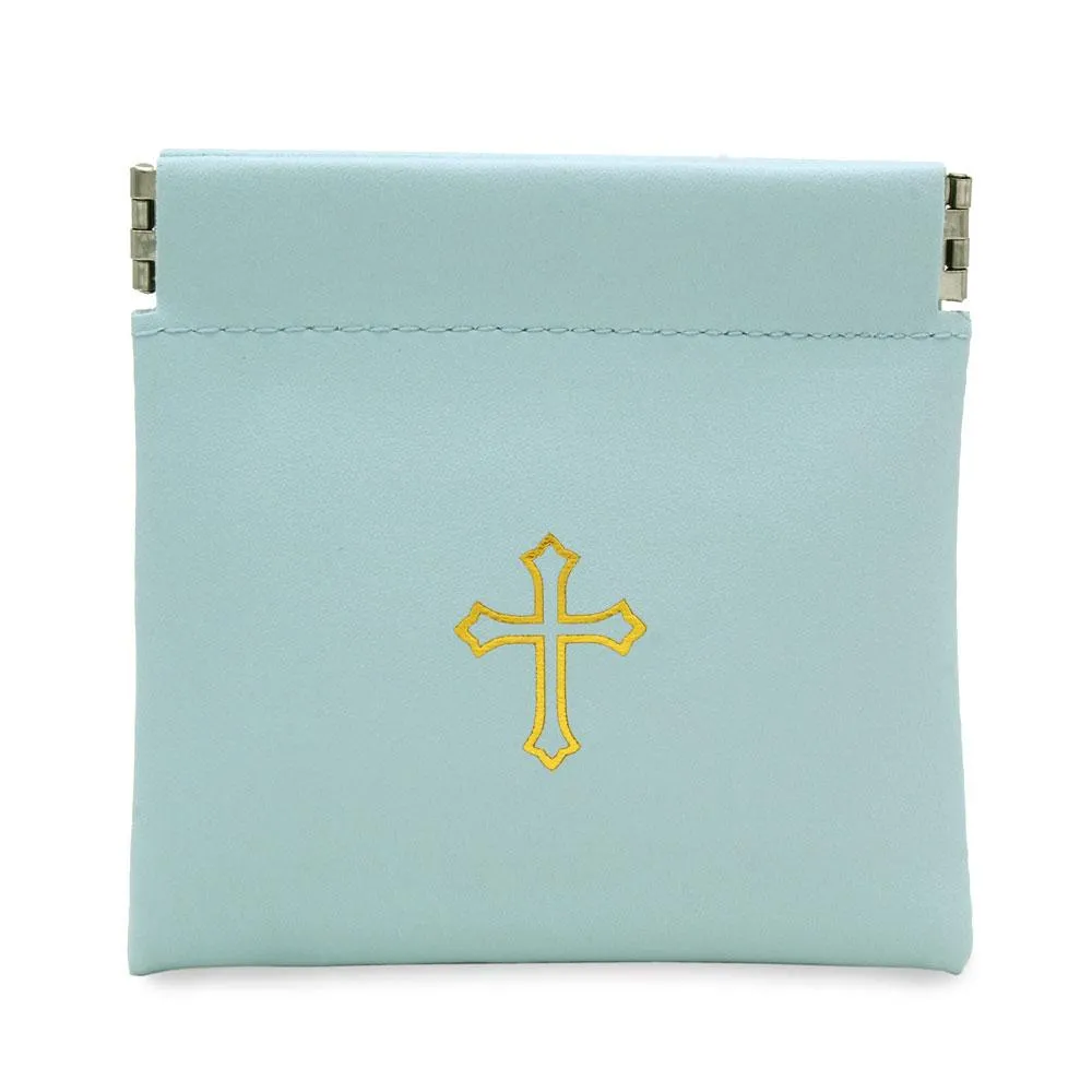 Squeeze Top Rosary Pouch Mint Green Faux Leather with Cross Imprint
