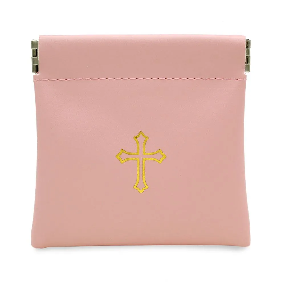 Squeeze Top Rosary Pouch Peach Pink Faux Leather with Cross Imprint
