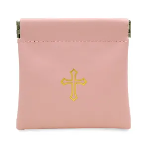 Squeeze Top Rosary Pouch Peach Pink Faux Leather with Cross Imprint
