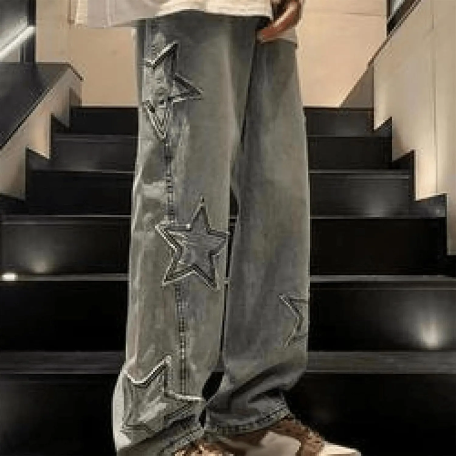 Star Graphics Jeans for Men and Women Y2K Casual Baggy Jeans with Star Design Streetwear Pants
