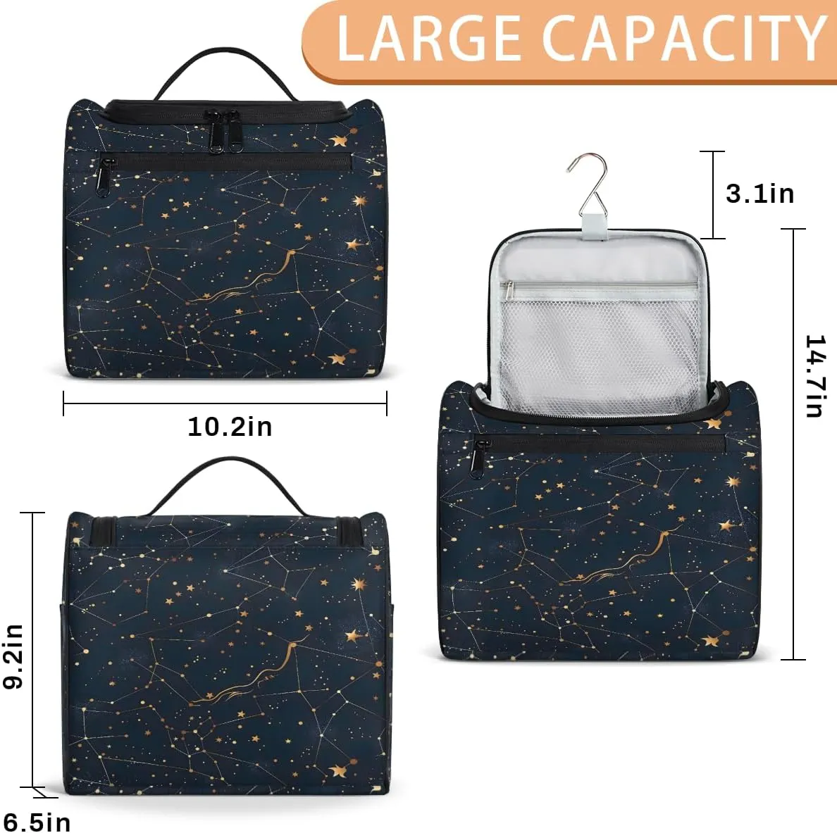 Starry Universe Constellation Galaxy Space Travel Toiletry Bag for Men and Women, Large Hanging Makeup Bag Organizer Toiletries Bag for Travel, Cosmetic Bag with Handle