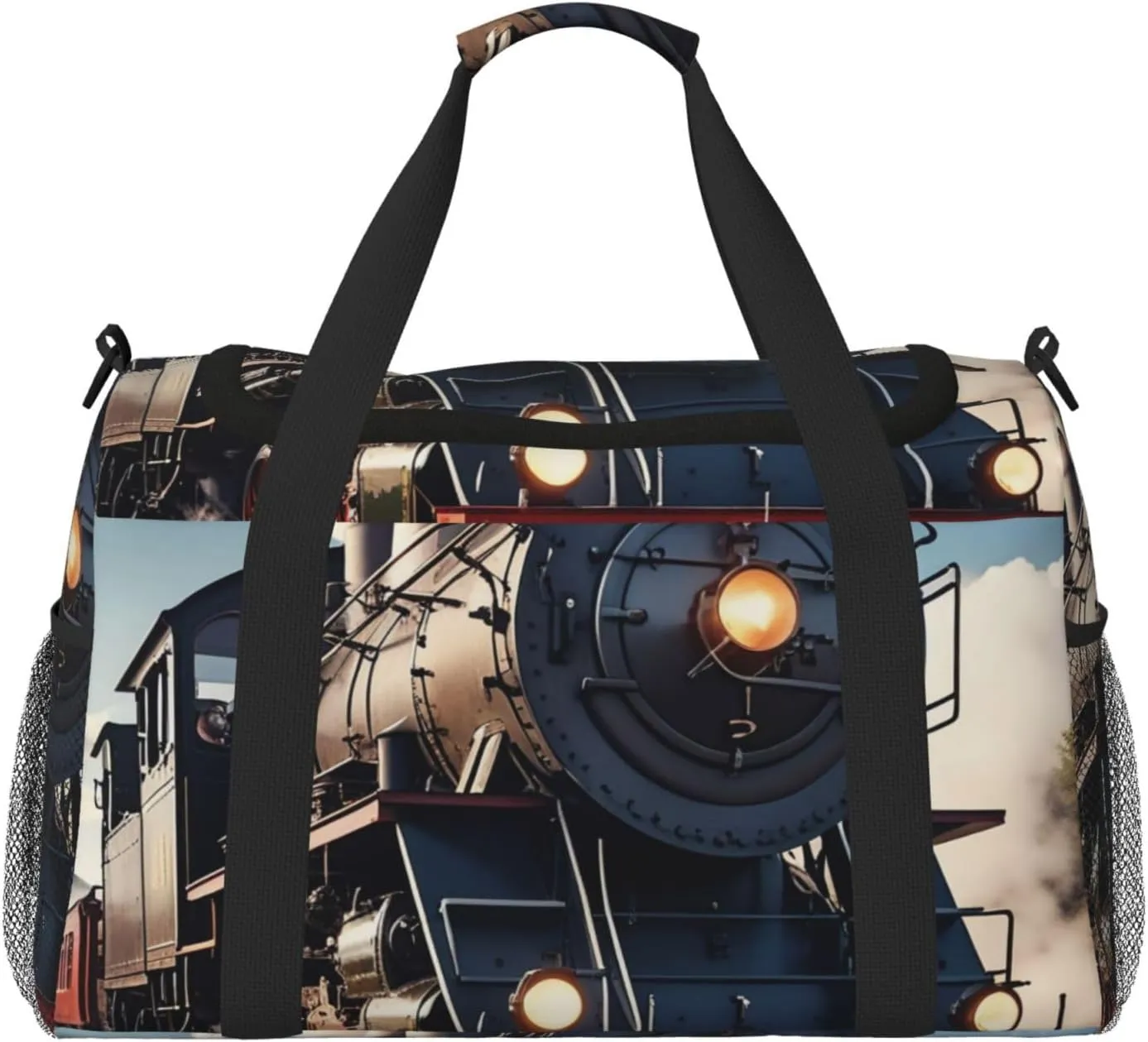 Steam Locomotive Train Print Travel Duffle Bag - Foldable Personal Item Travel Bag for Women & Men,Carry-On Convertible Crossbody Tote Bags with Adjustable Shoulder Strap & Pockets 13x10.2x19.7 in
