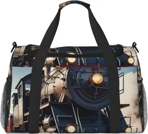 Steam Locomotive Train Print Travel Duffle Bag - Foldable Personal Item Travel Bag for Women & Men,Carry-On Convertible Crossbody Tote Bags with Adjustable Shoulder Strap & Pockets 13x10.2x19.7 in