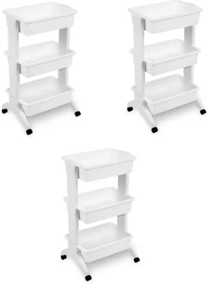 Sterilite 3 Tier Utility Cart, Plastic Bin Rolling Cart with Wheels Organize and Store Items in Home, Easy Assembly, White, 3-Pack