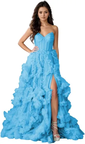 Strapless Prom Dress for Women Tulle A Line Long Boning Split Side Evening Ball Gown Formal 2025