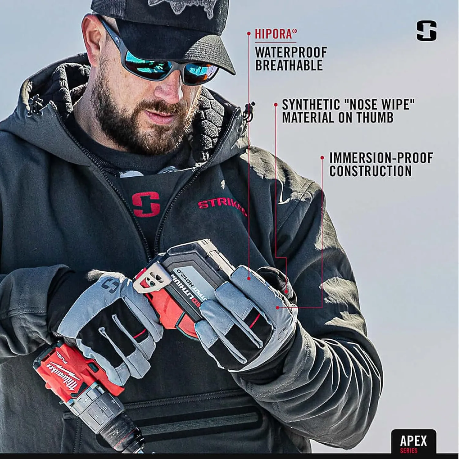 Striker Apex Waterproof Breathable Insulated Ice Fishing Gloves with Reinforced Full Leather Palm & Adjustable Neoprene Cuff