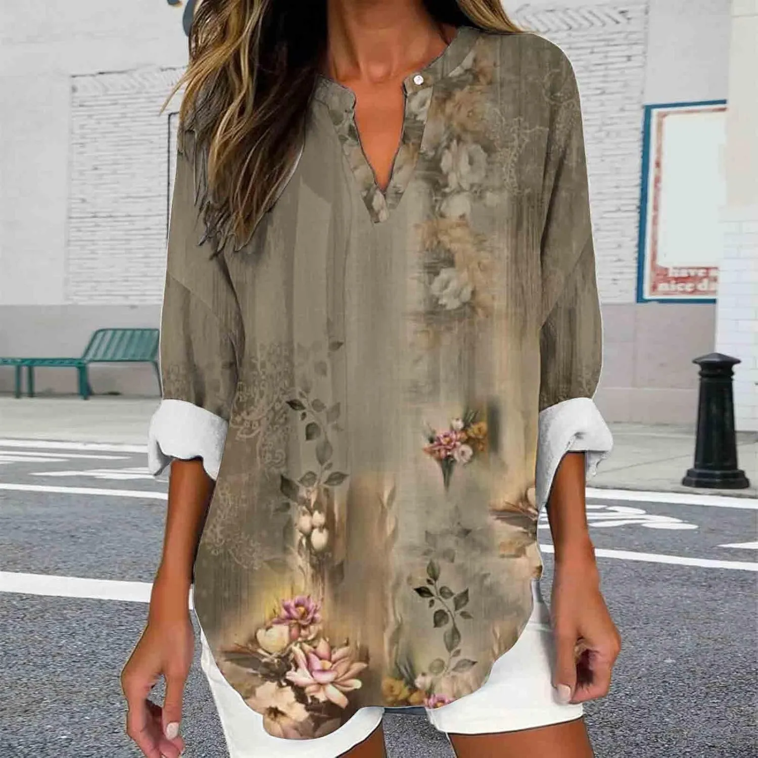 Striped Print Tees Summer Blouses Sleeve Cotton Faux Oversized T Shirt Cute Solid Three Quarter Length Tunic Tops